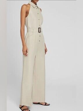 Club Monaco Sleeveless Wide-Leg Belted Jumpsuit in Almond. Size 10.Meghan Markle